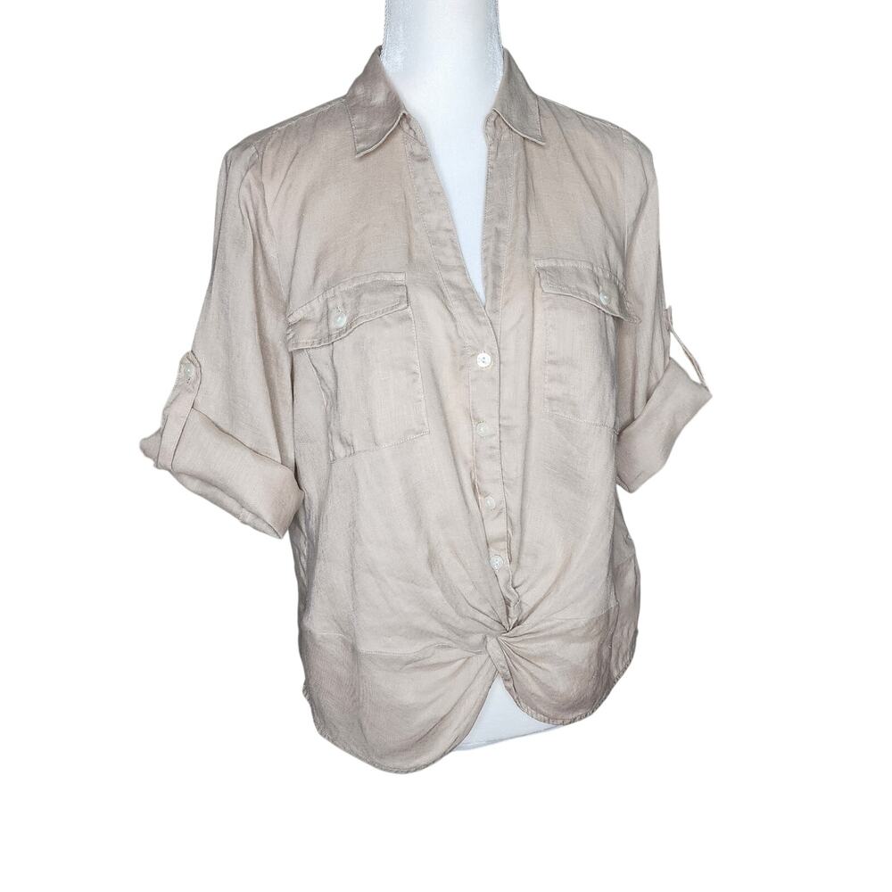 Tan Linen Roll Tab Short Sleeve Shirt I.N.C. Women's Size Medium